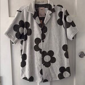 OAS Men's Meadow Cuba Ivory Terry Cloth with Green Floral Shapes Shirt